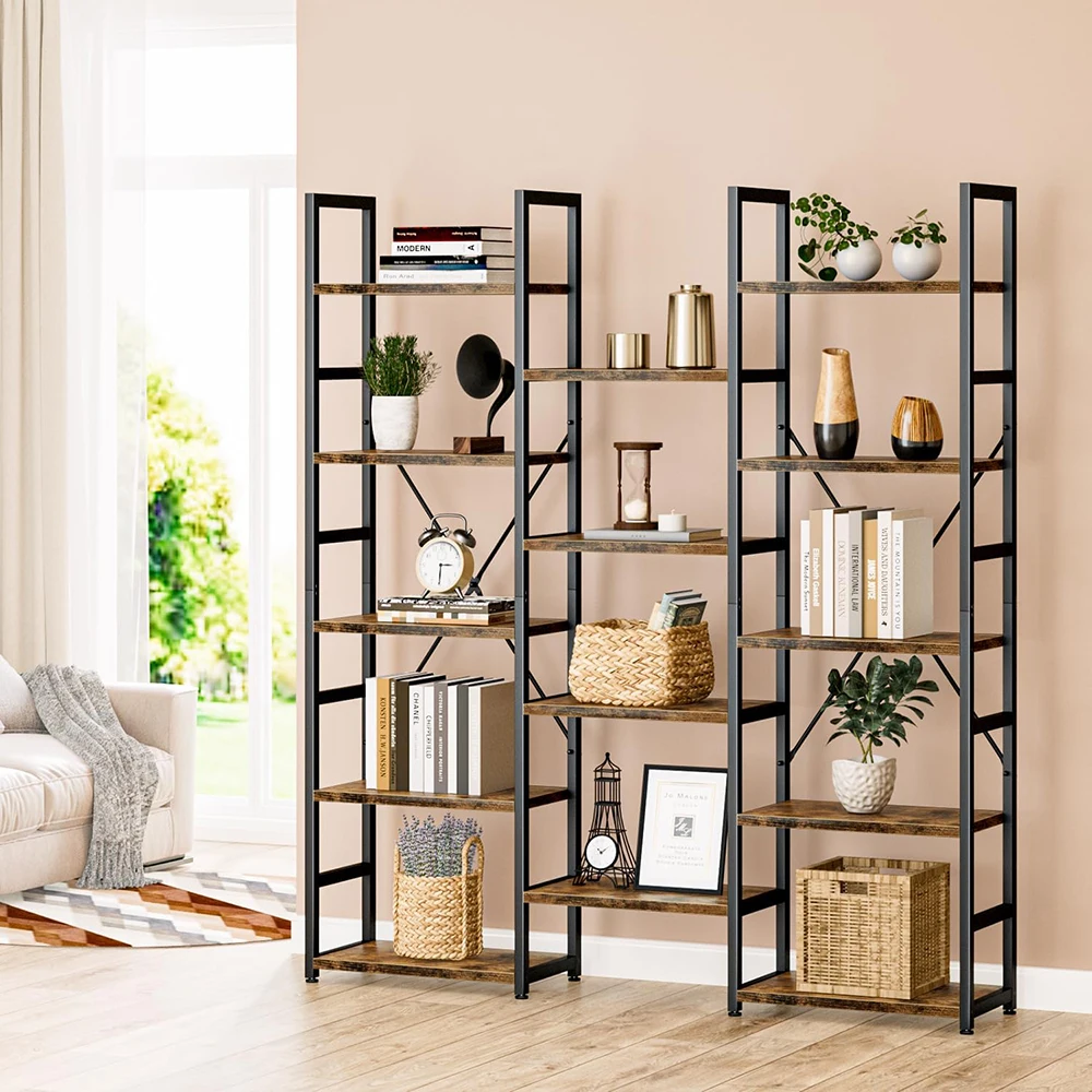 product nu deco mh26017 triple column 5 tier adjustable rustic industrial modern bookshelf 14 open display shelves for bedroom living-6