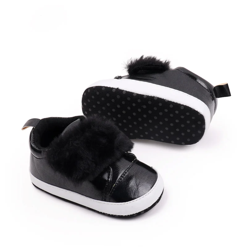 Bright PU Leather Plush Hook and Loop Solid Color Baby Girls Cute Soft Soled Toddler Shoes supplier
