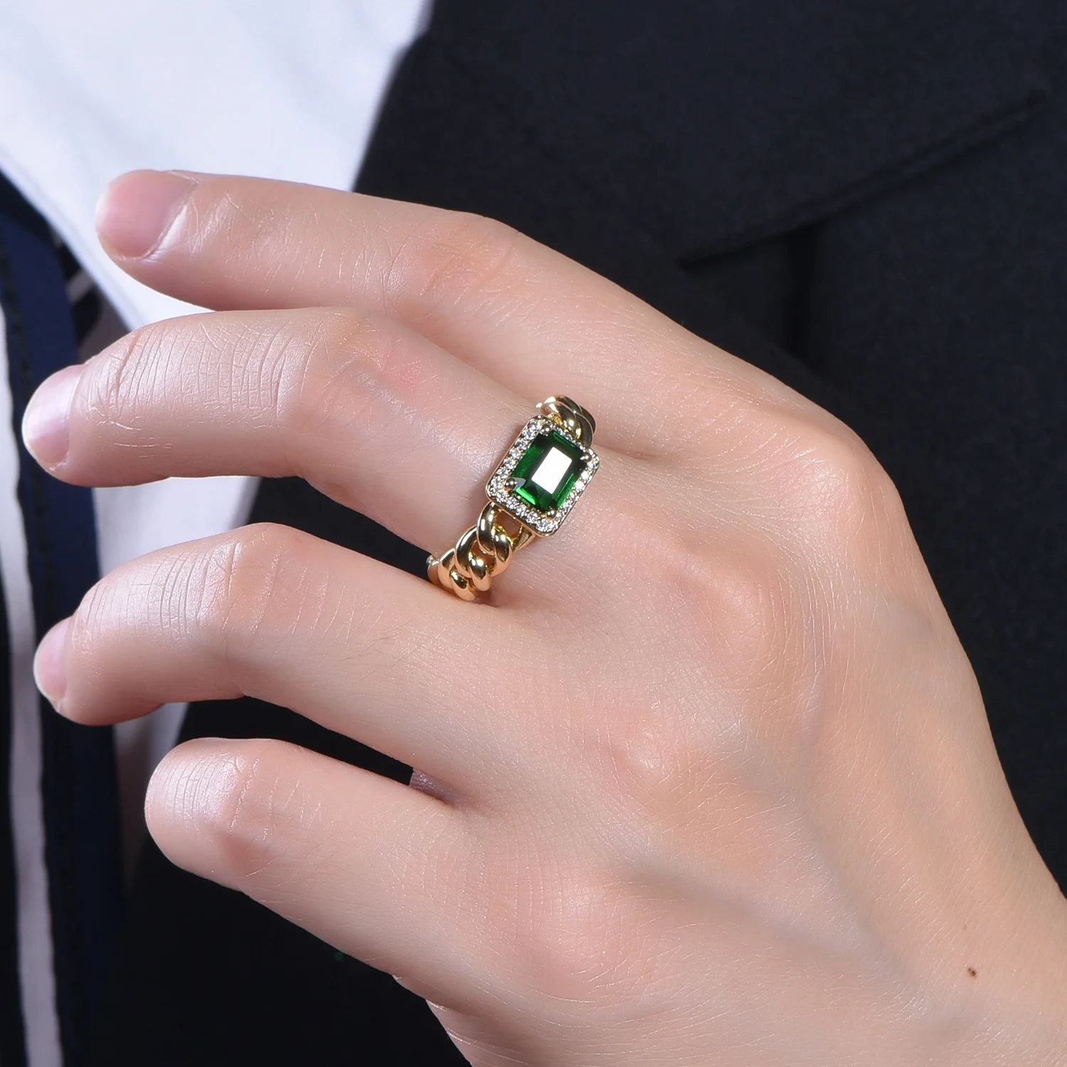 hip hop jewelry 925 sterling silver baguette emerald cz diamond ring for women 18k gold plated ring men cuban chain ring