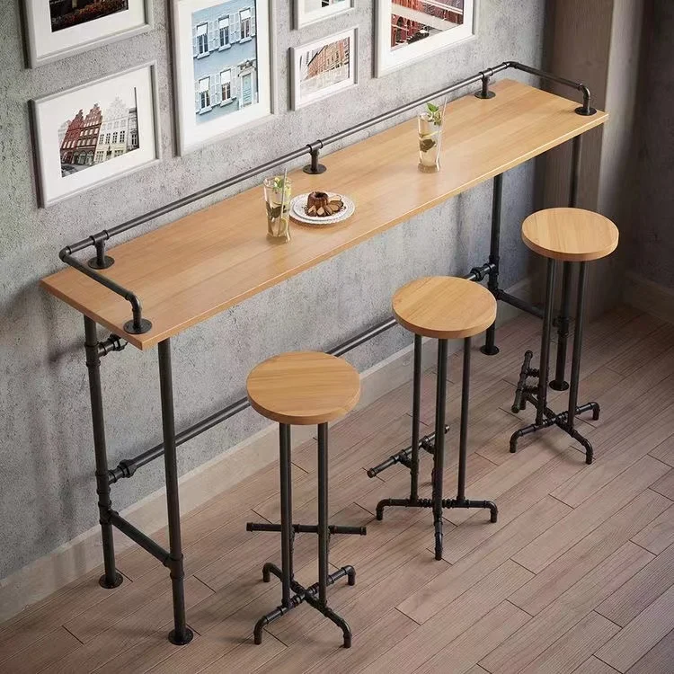High End Vintage Industrial Retro Latest Design Fashionable Long Restaurant Island Kitchen Wood Slab High Bar Table