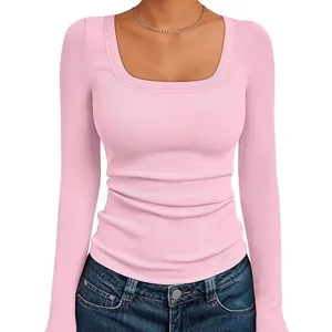 2025 Women's Long Sleeved square Neck Ribbed Slim Fit Casual T-shirt