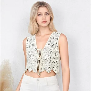 Casual Short Heavy Bead Embroidery Double Strap Bow Cardigan Vest European American Style V-Neck Sleeveless Tank Top