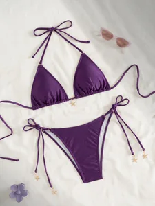 New Summer Women's Sexy and Fashionable Solid Color Slimming Hanging Neck Tie Split Bikini Swimsuit