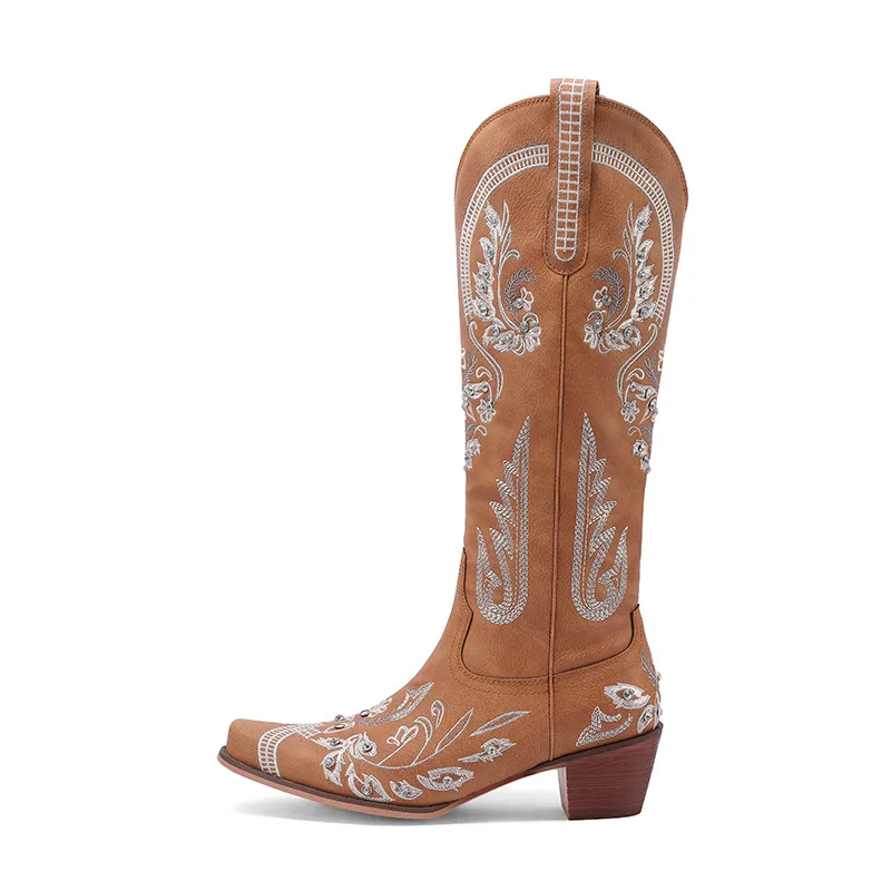 Hot Selling Female Floral Embroidery Knee High Boots Pointed Toe Women Chunky Heel Rhinestone Western Cowboy Boots - Image 1