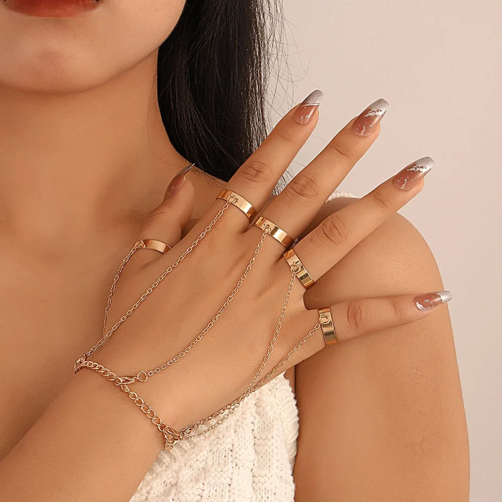 Boho Metal Connected Hand Chain Stackable Bracelet Jewelry Gold Plated Round Pearl Bead Hand Chain Bracelet With Finger Ring