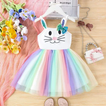 Children's clothing girls' summer sling dress rabbit stitching mesh princess birthday dress