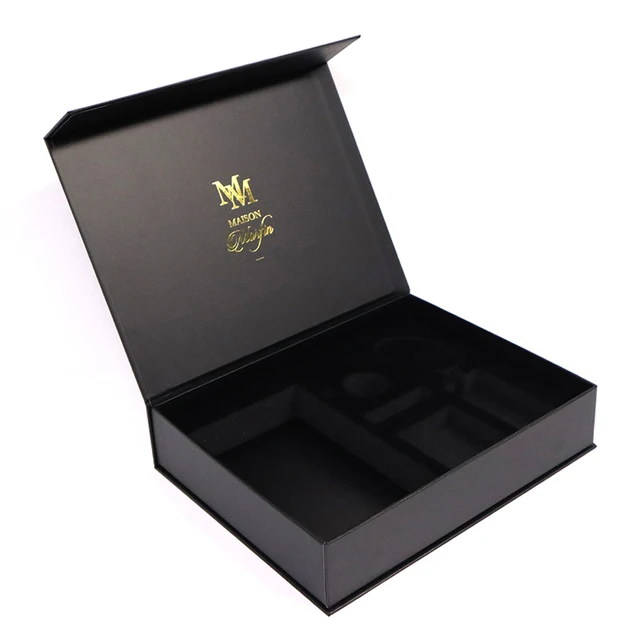 Custom Logo Black Cardboard Packaging Paper Magnetic Flap Closure Gift Box With Foam Divider