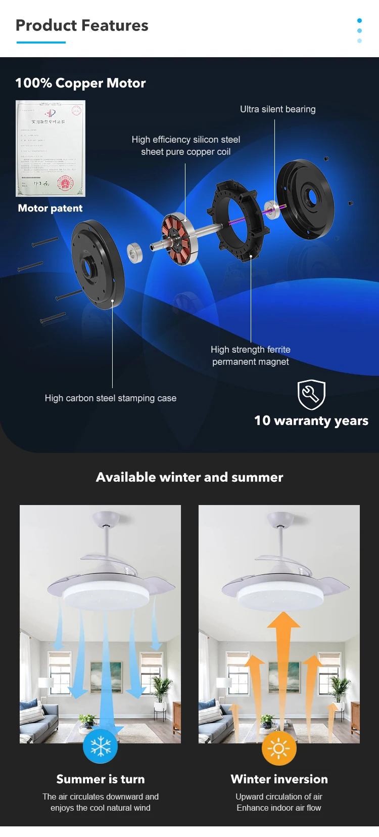 Unique Design 6 Speeds Adjustable Remote Control Retractable Invisible Modern Ceiling Fan