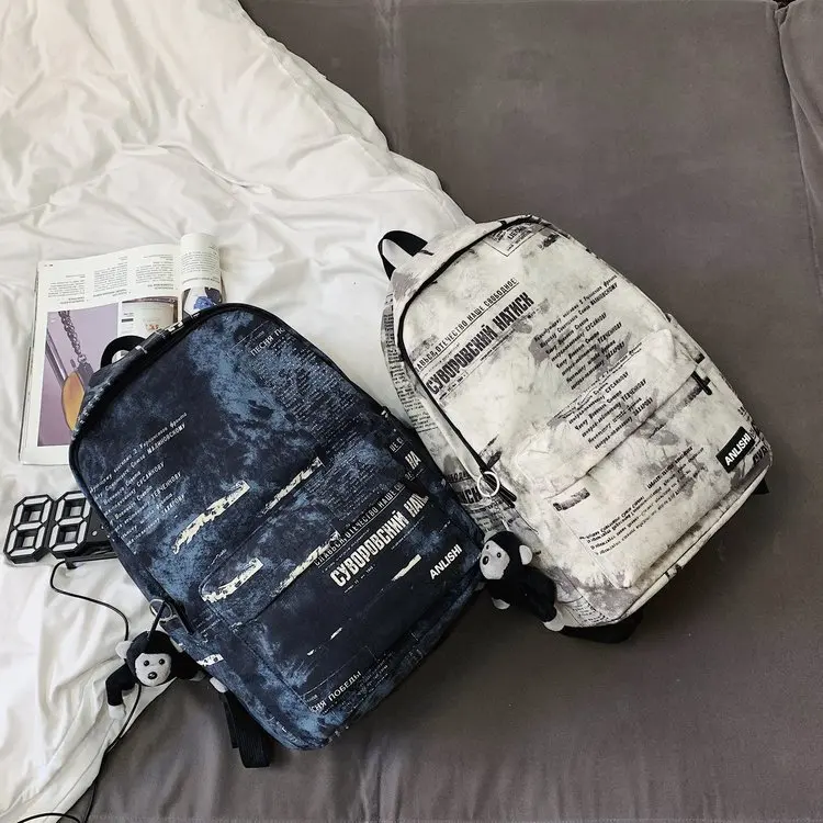 Trendy Personality Inkjet Letter Newspaper Pattern Students College School Bags Casual Sports Backpacks