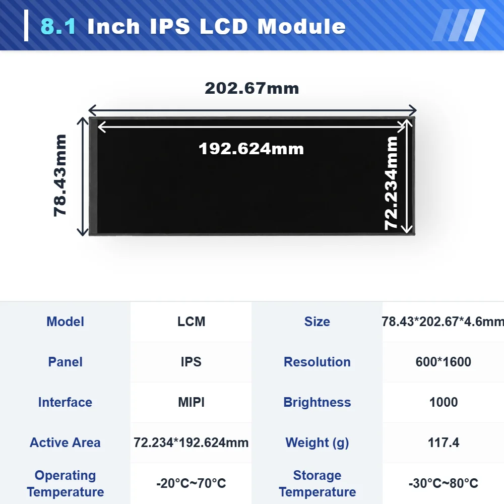 WEITAI 8.1 Inch TFT LCD IPS Display Module with 600x1600 Resolution 1000 Cd/m Brightness MIPI Interface for Car Rearview Mirror details