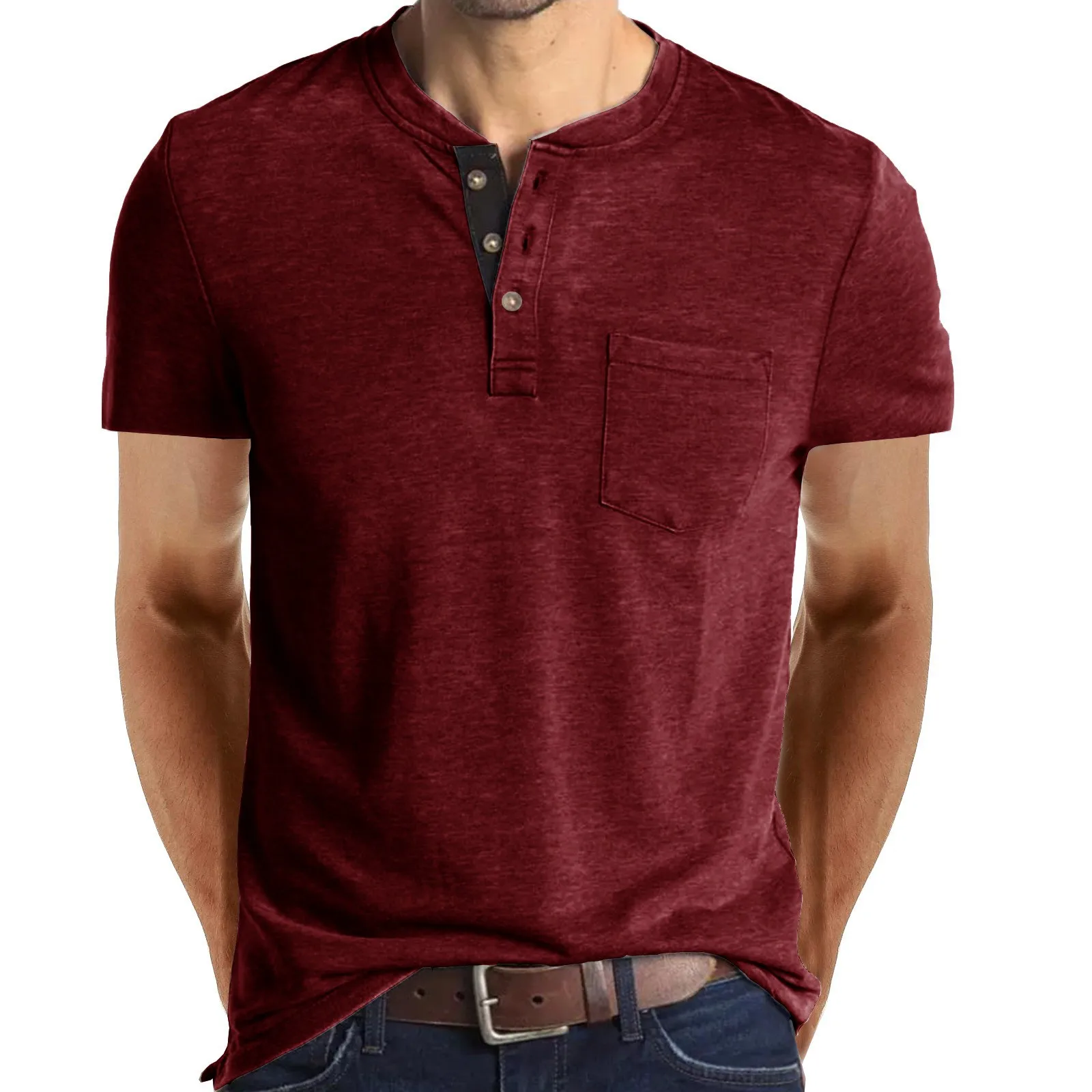 2023 Summer new button men's short sleeve t-shirt solid color loose collar polyester t shirt261_voghion.com