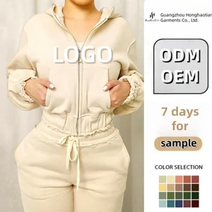 ODM OEM High Quality Custom Fashion Cotton Fleece Tracksuit Set Women's Set Puff Printing Cropped Hoodie and Sweatpants