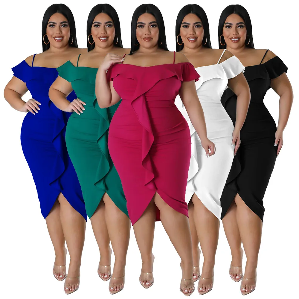 2023 Ladies Solid Color Dress Mid Length Dresses Ruffles Plus Size Bodycon Dress Buy Bodycon 4745