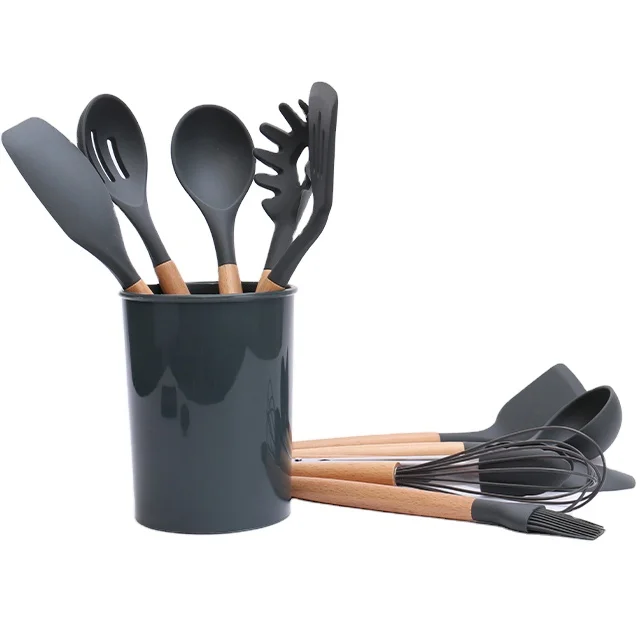 Kitchen utensils with 11 pieces - Wood and silicone - Nonstick