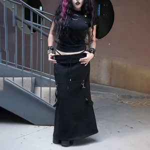 Oem Odm Customize Dark Punk Metal Buckle Decor Drawstring Low Waist Mermaid Maxi Skirt Gothic Utility Style Midi Skirt