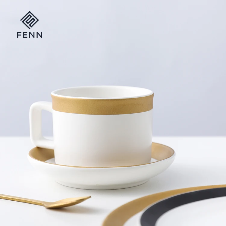 product fenn wholesale high quality luxury matte white ceramic coffee cup and saucer with gold edge customizable for coffee shop-61