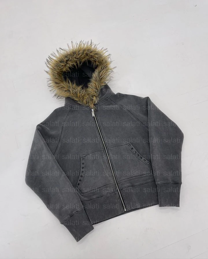 Custom Sweatshirt 500 GSM 100% Cotton Hoddies Blank Heavyweight Distressed Zip up Faux Fur Acid Wash Hood Sweatshirt Hoodies Men gallery 8