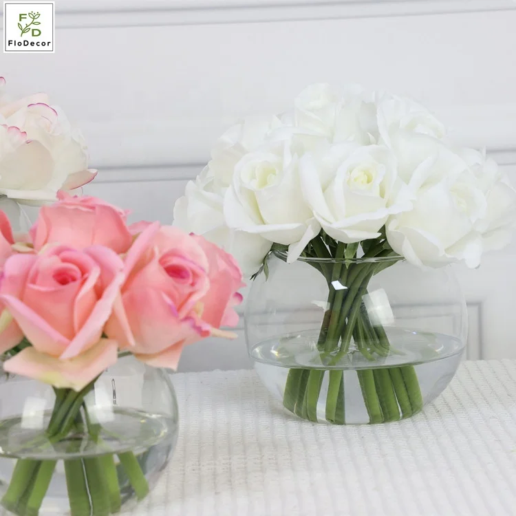 High Quality Customized Artificial Real Touch Rose Flower Floral Arrangement with Globe-shaped Vase and Resin Water