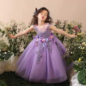 Boutique Girls Sleeveless Purple Princess Dress for Girl 3D Flower Ball Gown Embroidery Children Evening Dress