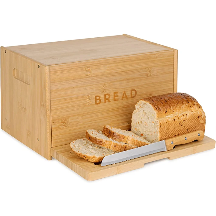 Large Wooden Bread Box with Pull-Out Cutting Board -Bamboo Bread Storage Box for Kitchen Countertop