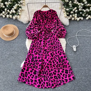 2026 Retro Leopard Printed XS Women's Casual Midi Dress Floor-Length with Washable Tie Waist Lantern Sleeve Slimming Feature