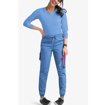 Nurse Uniforms Long Sleeve Under Scrub Stretch T-shirt Scrub Tops Women's 5-Pocket Cargo Jogger Scrub Pants 2-Sets