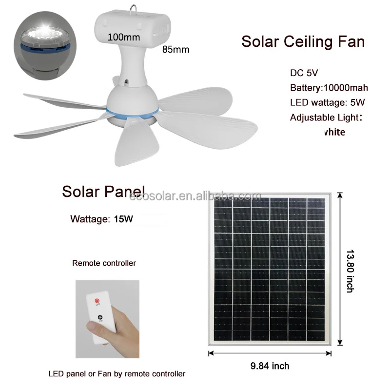 LED Lighting Solar Ceiling Fan with Rechargeable Battery 10000mah