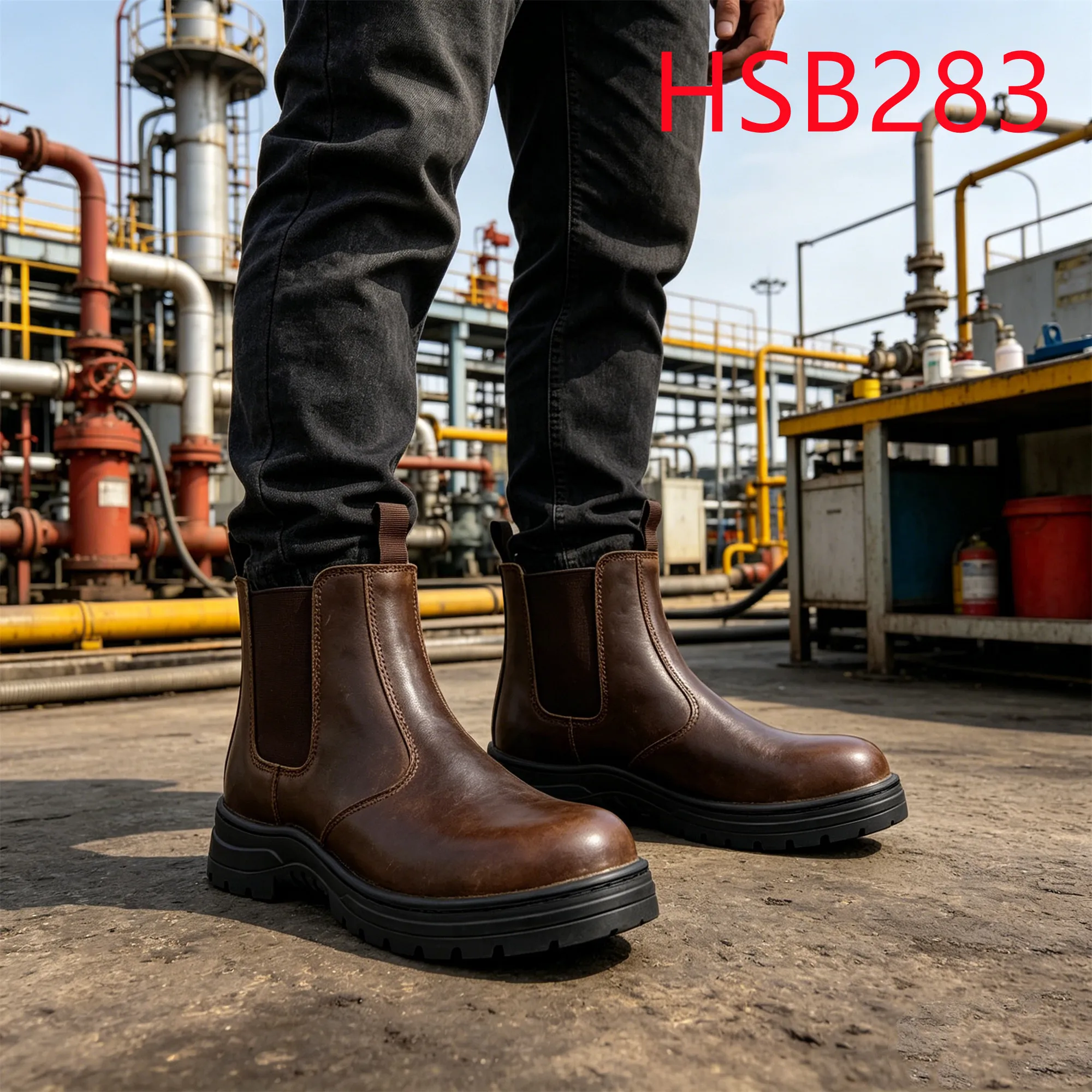 HY,Petroleum Industry Crazy Horse Leather Upper Pull-on Work Boots Anti-hit&puncture S3 Standard Brown Safety Shoes HSB283