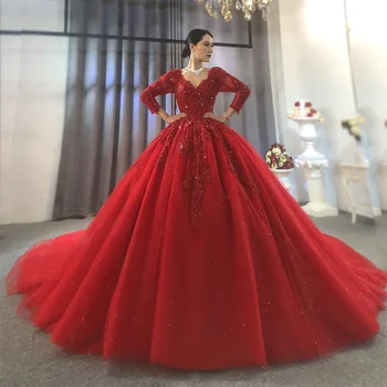 Jancember NS3915 Red Party Glitter Pattern Modest Evening Wedding Dresses With Long Lace Sleeve