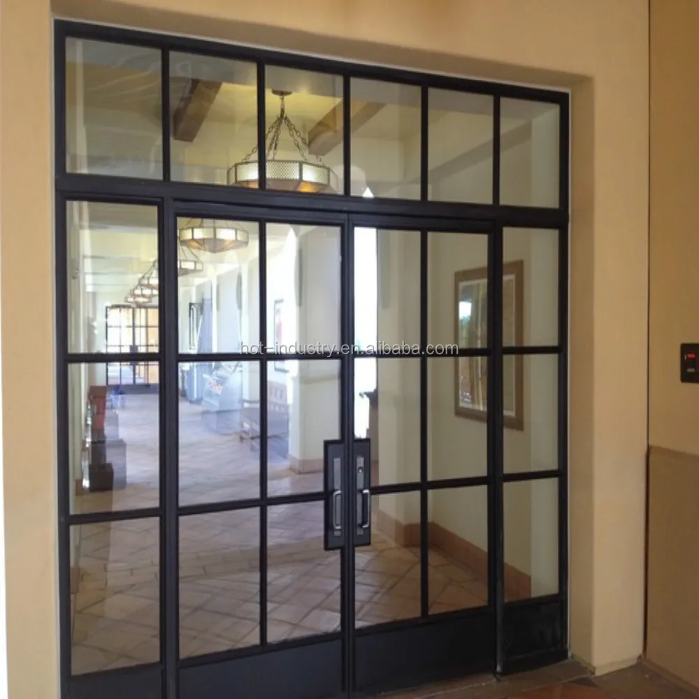 Iron windows and Doors Black Frame Steel Tube Tempered Glass French Doors with Grids Design