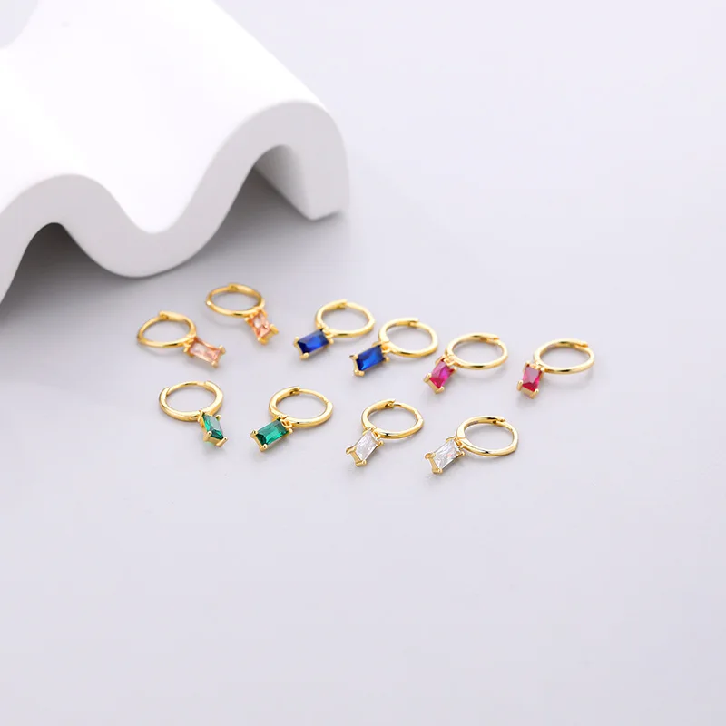 Daidan Gold Plated Earrings Hoops Simple Silver Baguette Colored Hoop 925 Sterling Silver Drop Cubic Zirconia Earrings