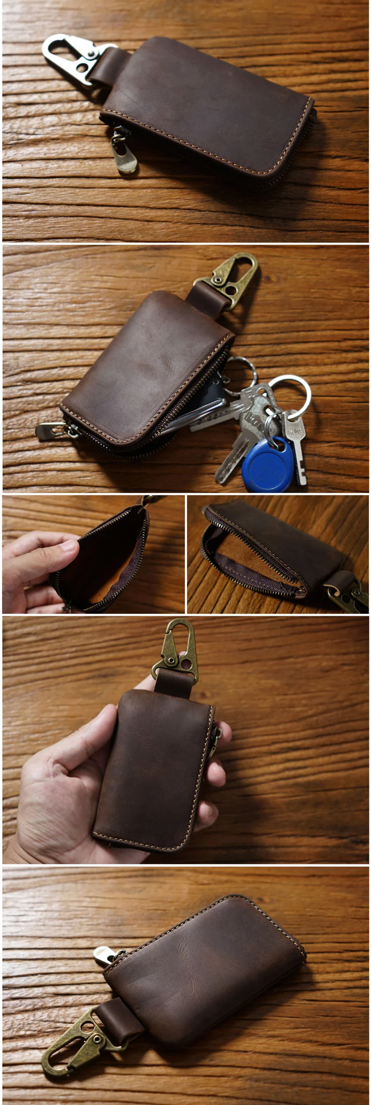 Genuine Leather Vintage Key Holder Organizer With Zip Pouch_voghion.com