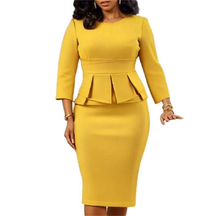Fall Round Neck Ruffle Solid Church Dresses for Women