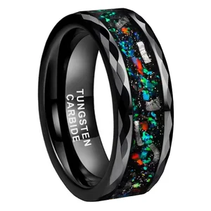 Coolstyle Jewelry 8mm Faceted Mens Fashion Engagement Wedding Band Genuine Meteorite Opal Inlay Black Tungsten Carbide Rings