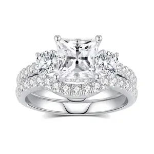 Princess Cut Halo Bridal Set Center Stone with Round Accent Prong Set Sparkling Engagement Wedding Ring Elegant Jewelry Women