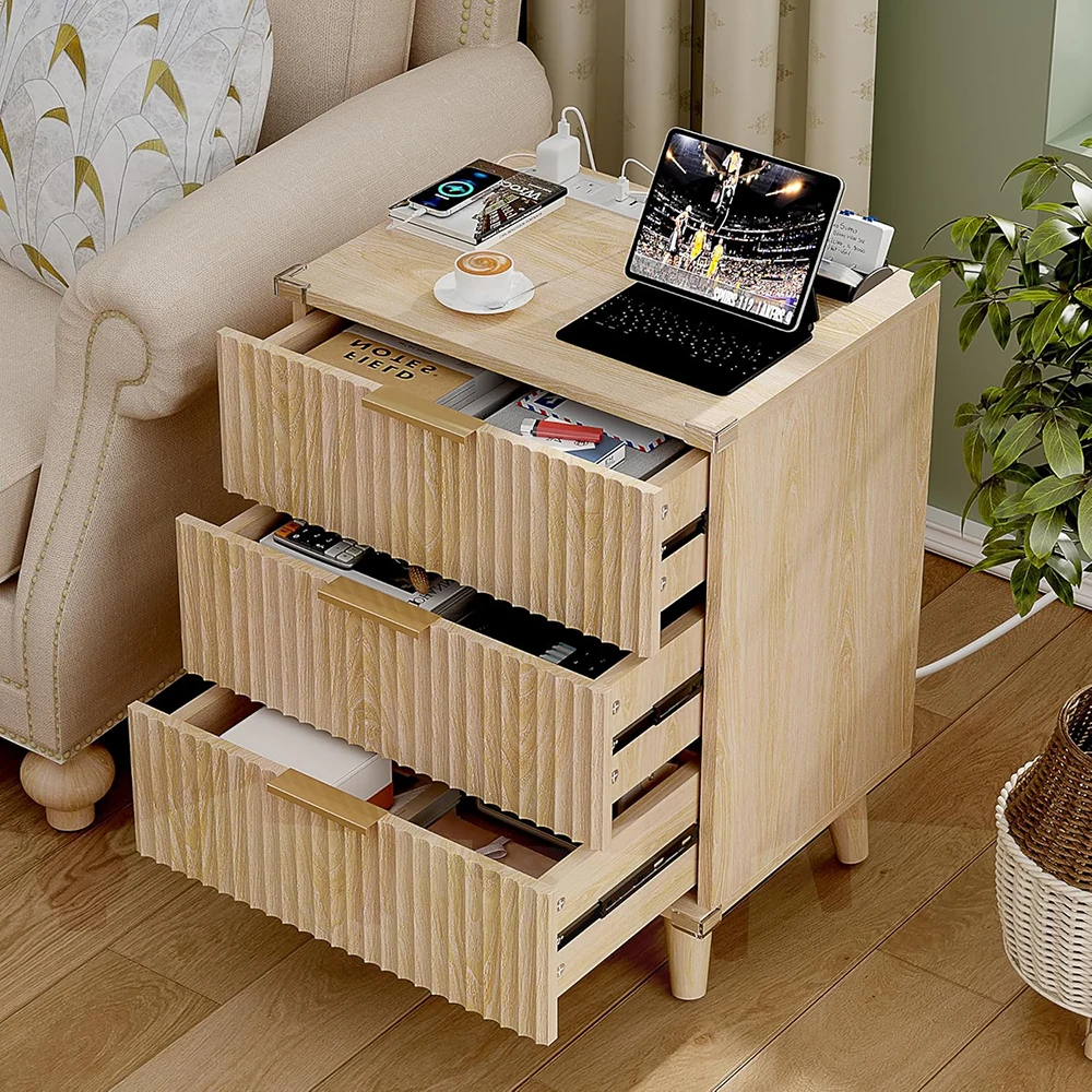 product nu deco wood 3 drawers dresser fluted night stand charging station storage modern side table bedside table bedroom entryway-1