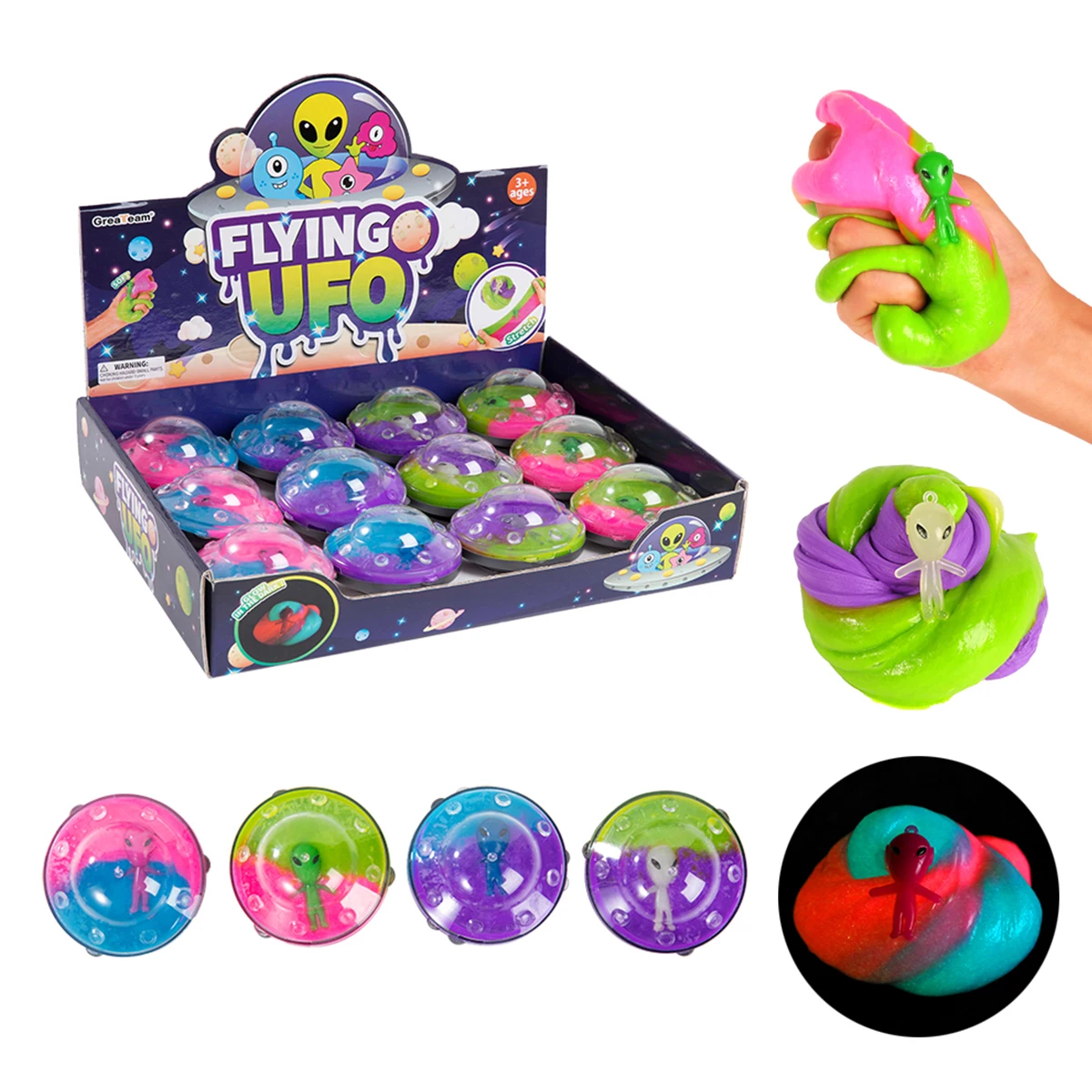 Popular Flying UFO Fluffy Slime Alien Spaceship Pot Stretch Slime Toys