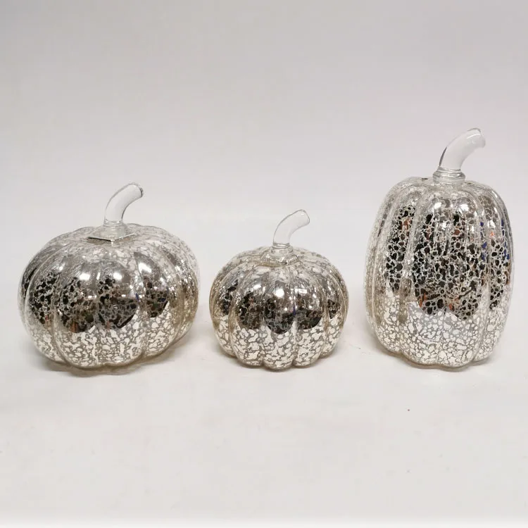 Set of 3 orange silver gold mercury glass led light up blown glass pumpkins decorative glass pumpkin lantern lights wholesale