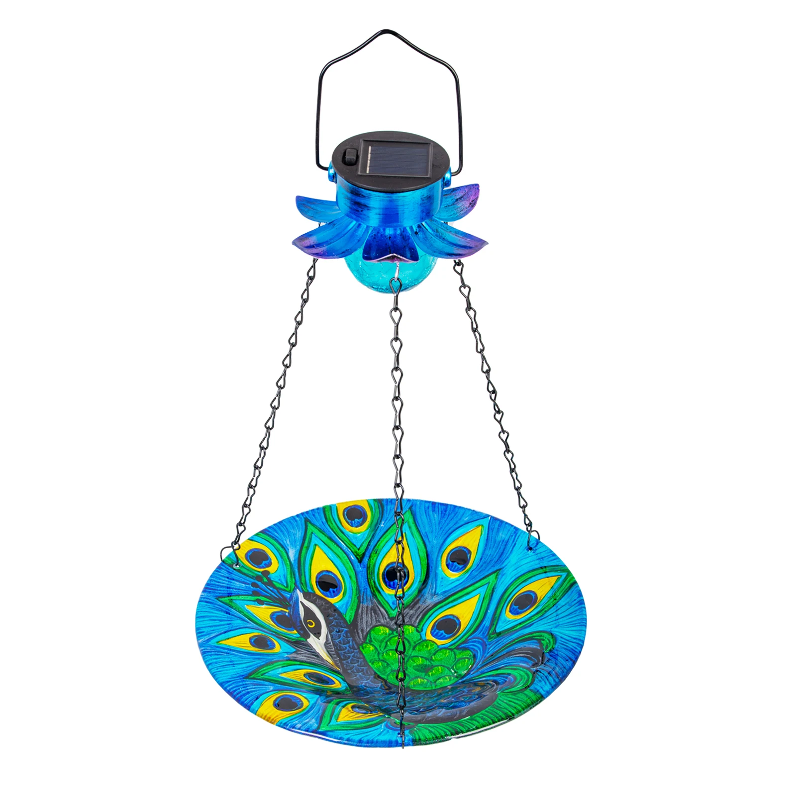 Solar Bird Bath Outdoor Hanging Glass Peacock Birdbath 10.6" Solar Bird Feeder Lights for  Patio Yard