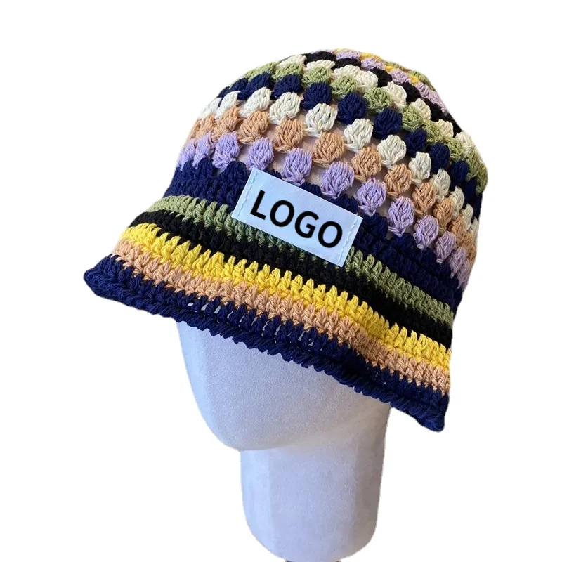 Японская вязаная рыболовная Кепка с логотипом ручной работы контрастного цвета Радужная полосатая шляпа-ведро Праздничная шляпа для женщин