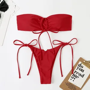 Reversible Bandeau Bikini Set for Women Sexy Two Piece Solid Color Spandex/Nylon Breathable Swimsuit with Strapless Top