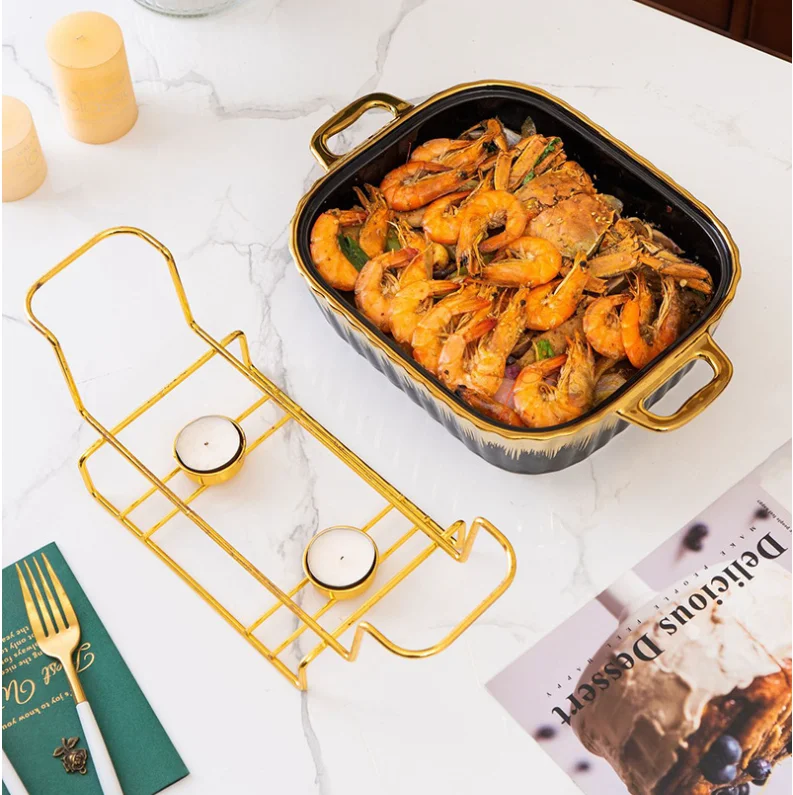 Factory Custom 11/13/15 Inch Gold Oval Shape Casserole Marble Ceramic Buffet Soup Pot With Iron Stand With Glass Lid