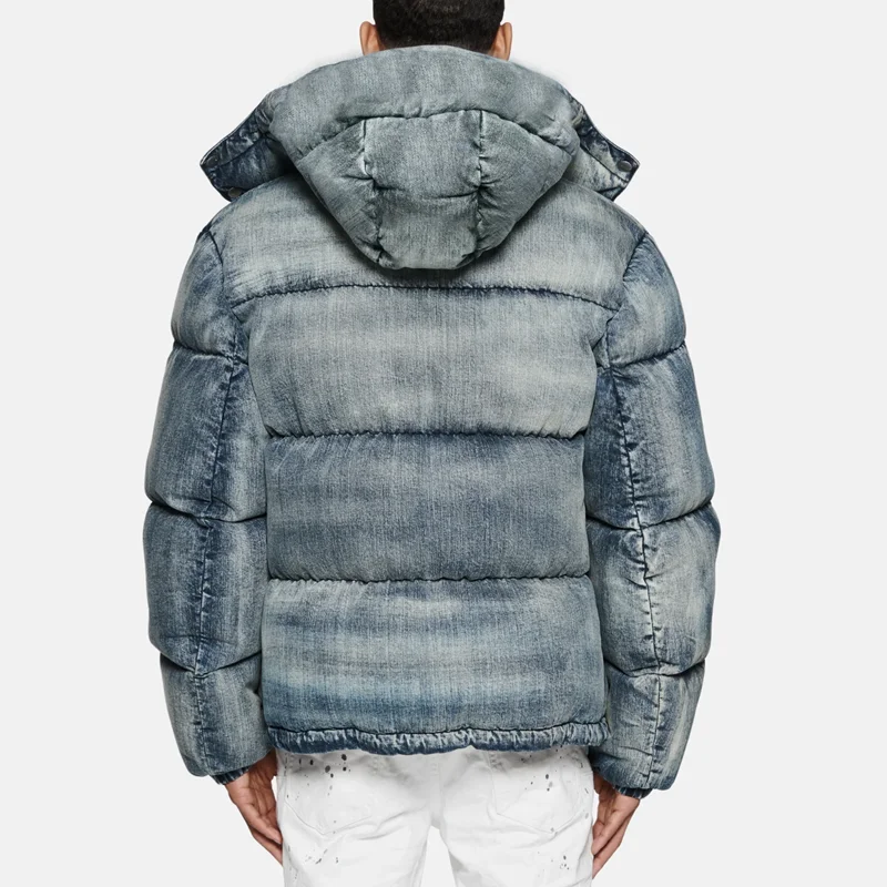 Vintage Manufacturer Custom Oversized Distressed Padded Bubble Denim Puffer Jacket for Men Sun Faded Acid Wash Front Zip Closure gallery 4