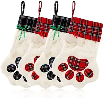 Personalized Cat Dog Pets Stockings Christmas Large Plaid Dogs Paw Hanging Christmas Decorations Stocking