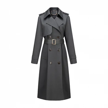 Spring and Fall Women High-End Double Breasted Button Belt Khaki Ladies Trench Coat