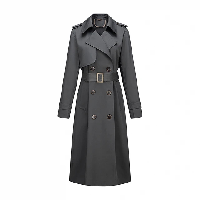 Spring and Fall Women High-End Double Breasted Button Belt Khaki Ladies Trench Coat