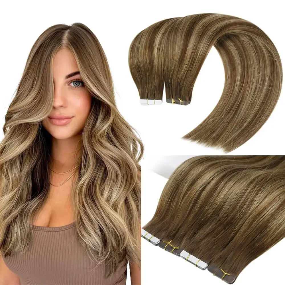 Extensii de păr LaaVoo Balayage, 10 buc. și 20 buc., păr uman 100% natural, păr virgin, rezistent la 12 luni, fără cusături, fixate cu bandă adezivă_voghion.com