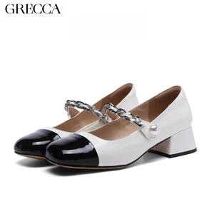 China Factory Custom Black White Mary Jane Dress Leather Thick High Heel Pump Shoes for Women New Styles