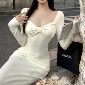 Women's Casual Long-Sleeve Square-Neck Knit Pencil Mini Dress - Slim-Fitting Style, Perfect for Daily & Dating Wear