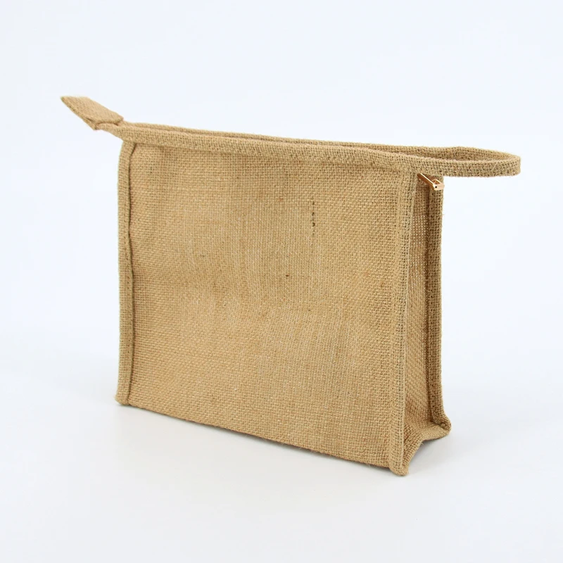 OEM Logo Custom Jute Makeup Cosmetic Zipper Bag Natural Hemp Transparent PVC Travel Portable Makeup Pouch
